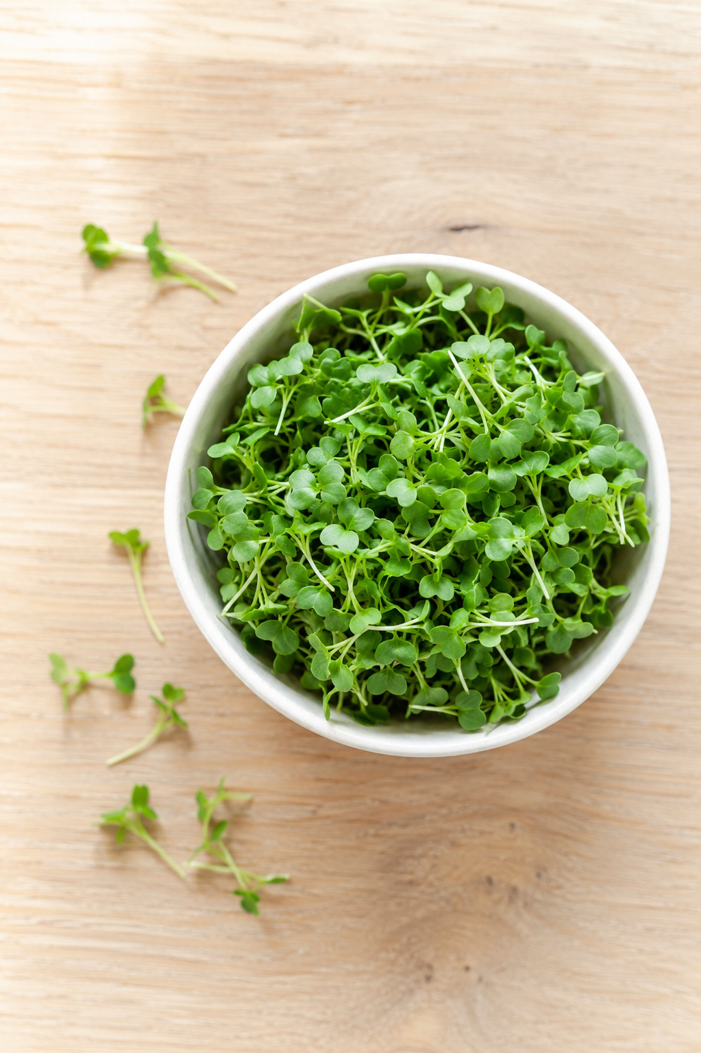 Bowl of fresh broccoli microgreens on a light oak table, overhead view