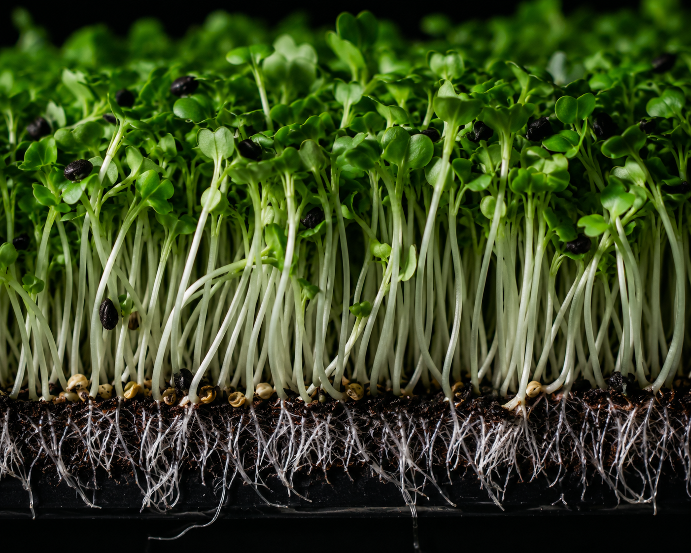 Dramatic close-up cross-section of broccoli microgreens showing roots and stems