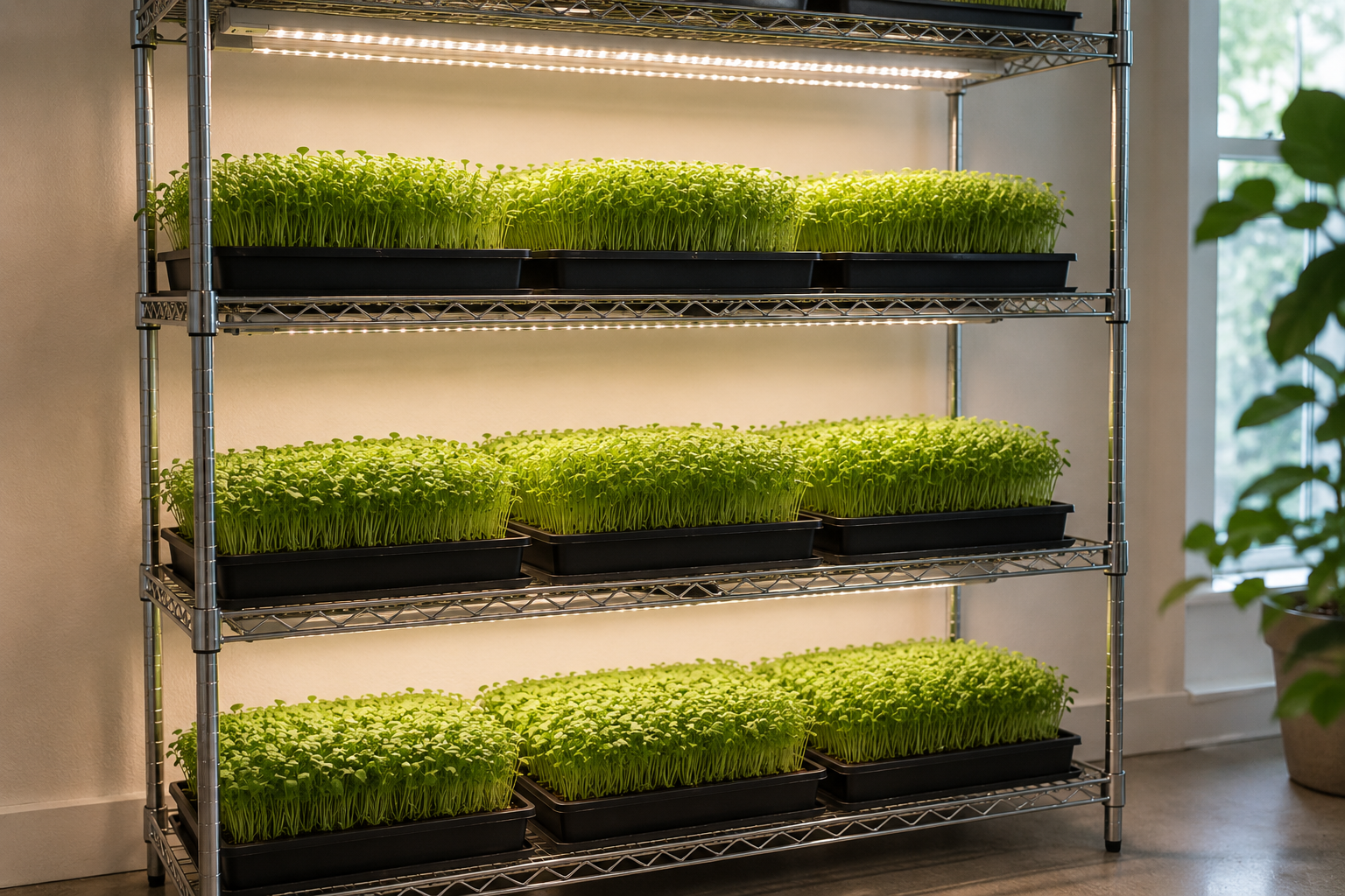 Wide shot of the Montclair grow room with trays of microgreens glowing under full-spectrum lights