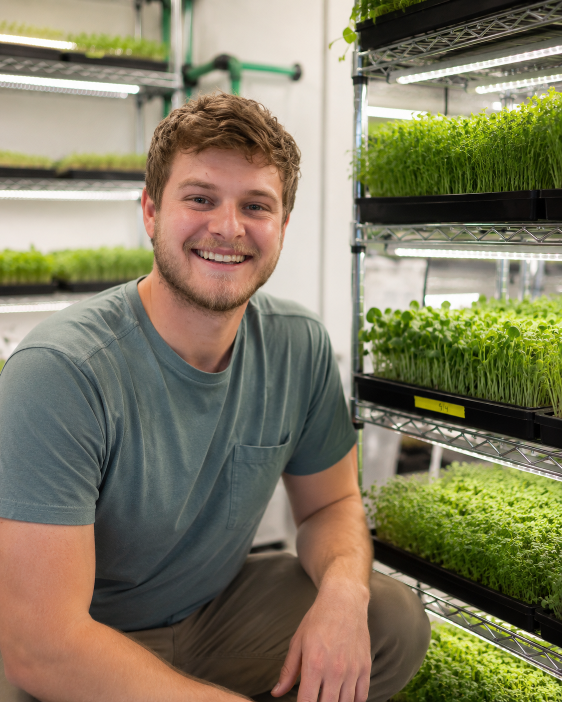 Matt smiling in the Montclair grow room, surrounded by trays of microgreens