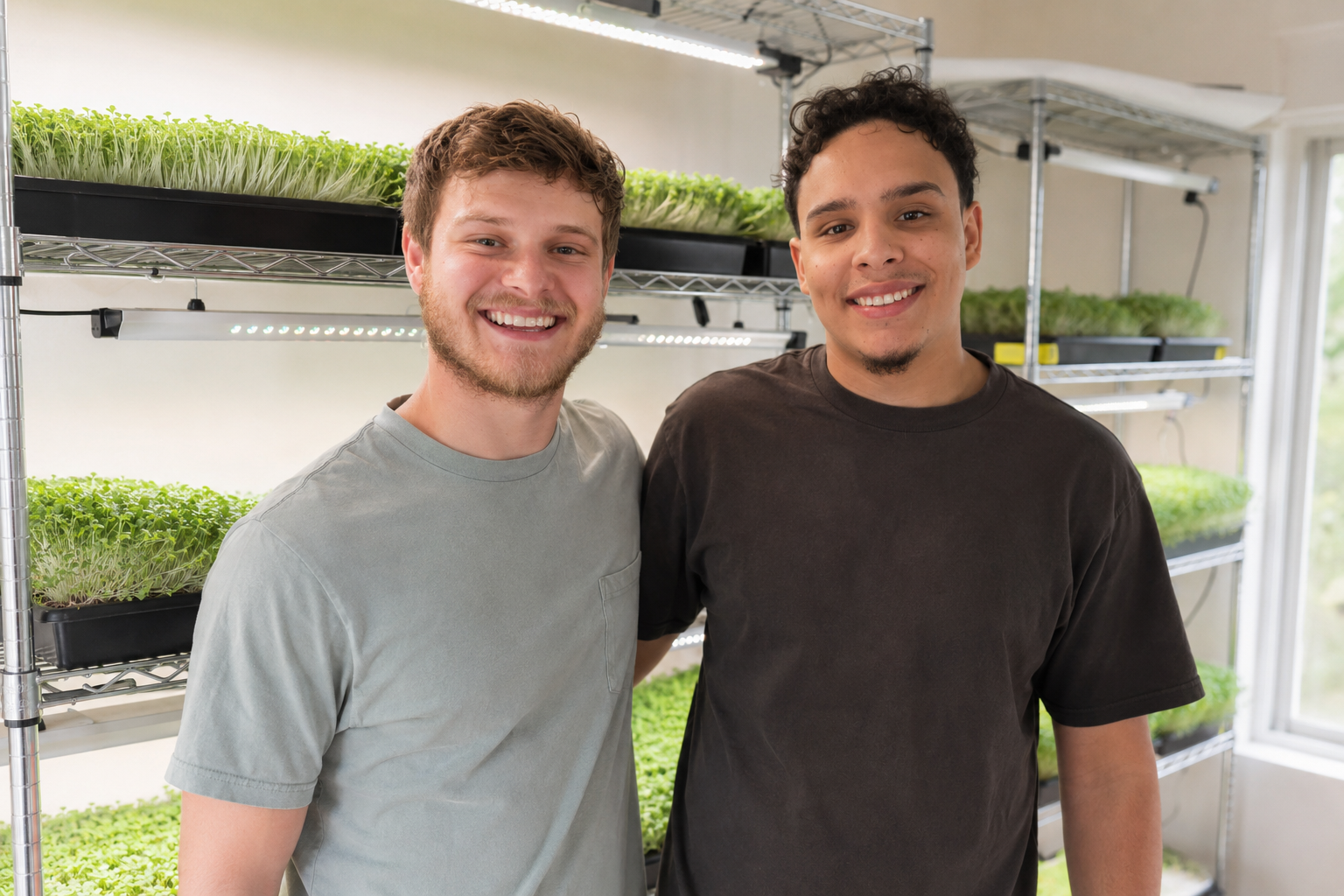 Matt and Santi smiling together in their Montclair grow room