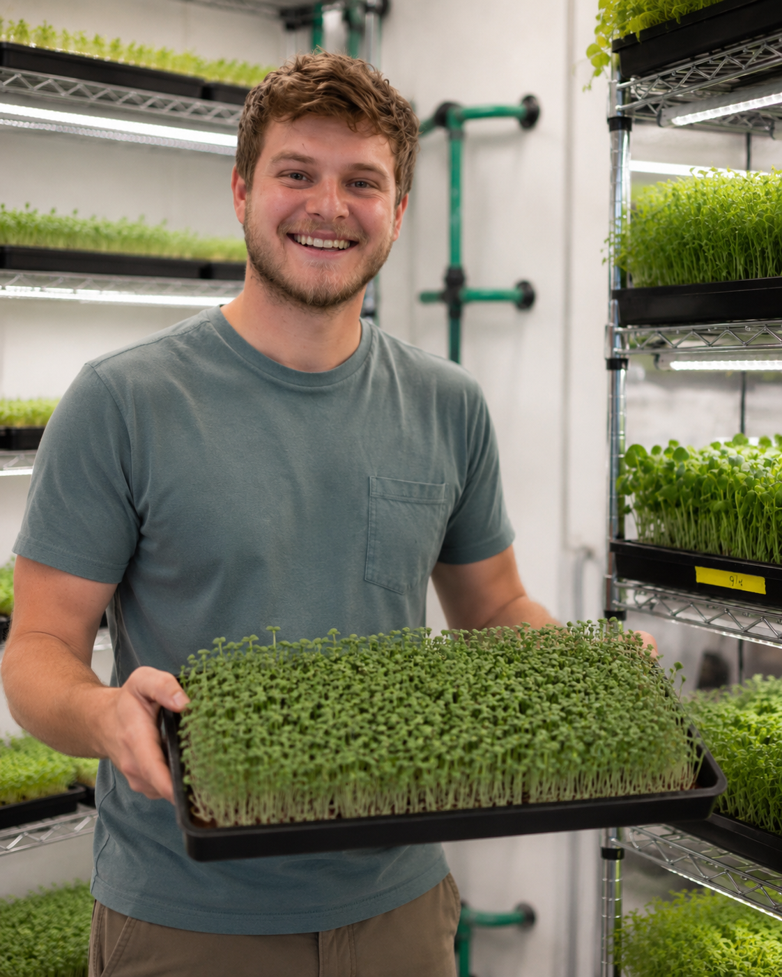 Matt smiling and holding a freshly grown tray of microgreens in the grow room
