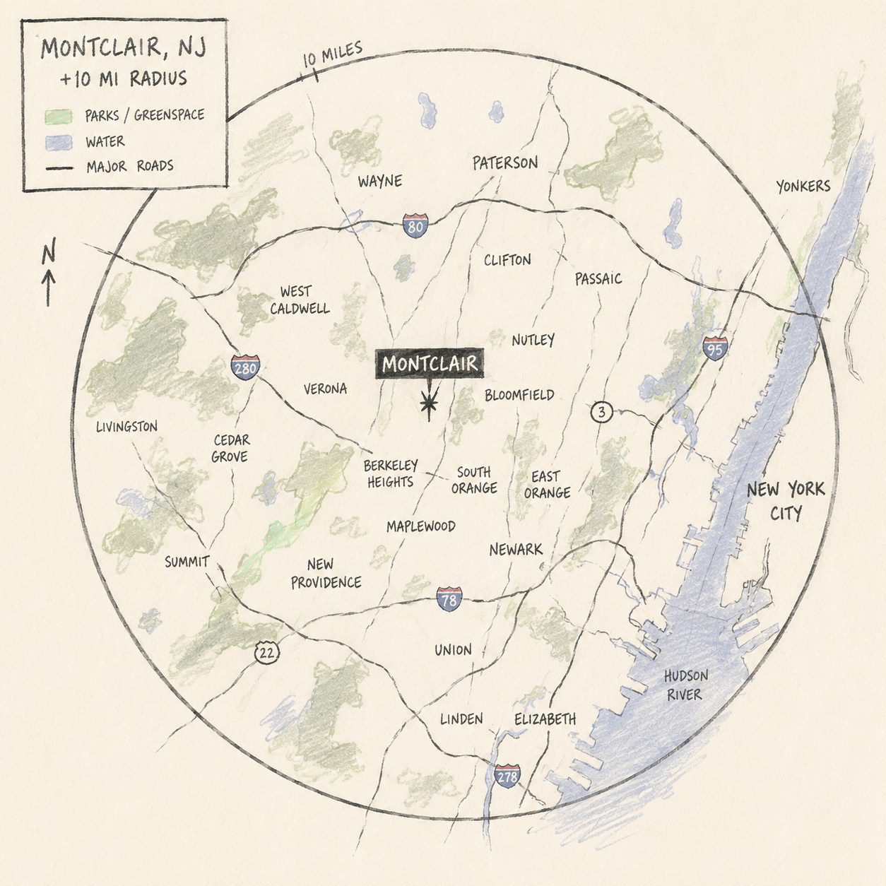 Hand-drawn map of Montclair NJ and the 10-mile delivery radius around it