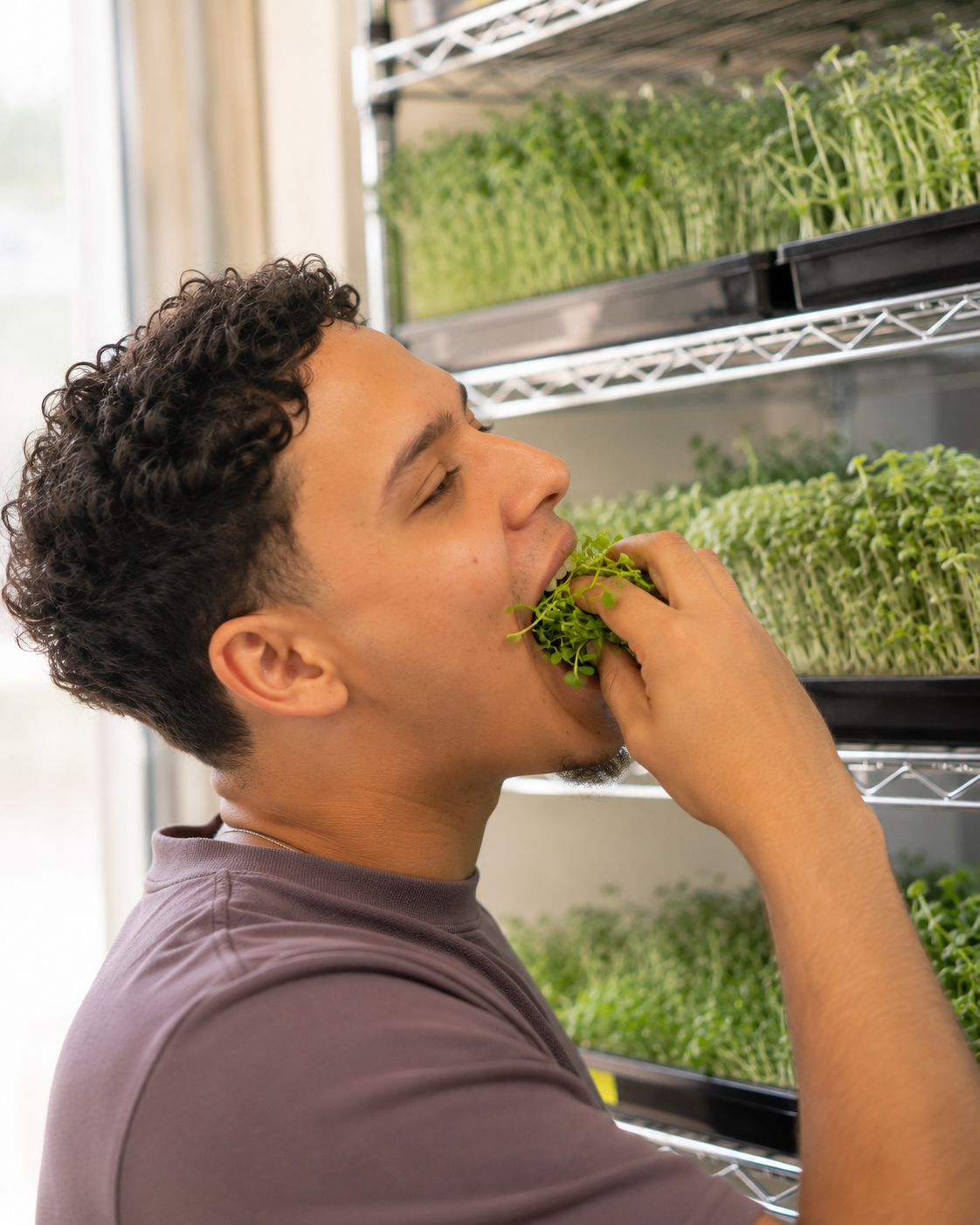Santi tasting fresh microgreens straight from the grow rack